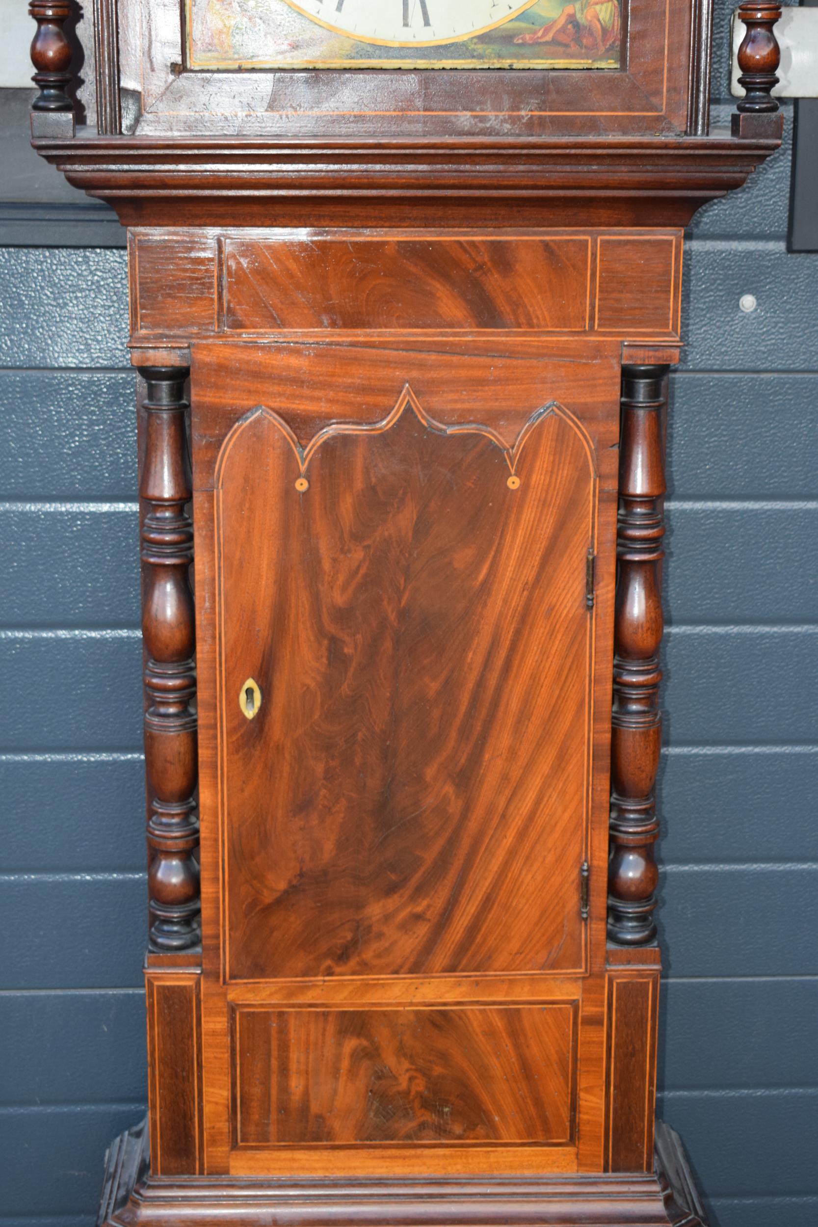 19th century mahogany longcase clock with arched rolling moon dial, with pendulum and weights, 222cm - Image 3 of 18