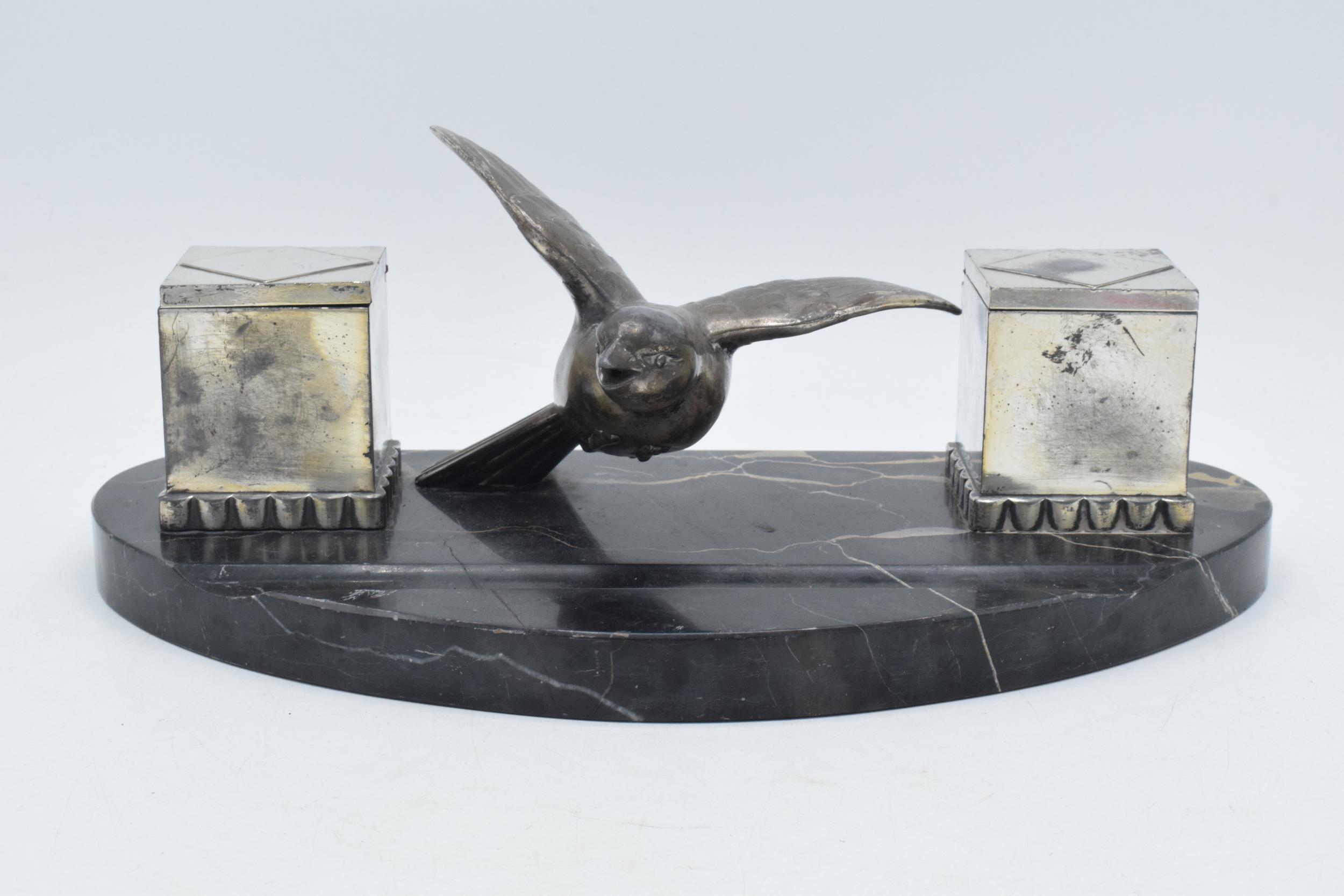French Art-Deco ink well with a flying bird on marble base, 30cm wide. - Image 2 of 6