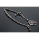 Hallmarked silver Albert watch chain with T-bar and fob, 49.0 grams, 39cm long.