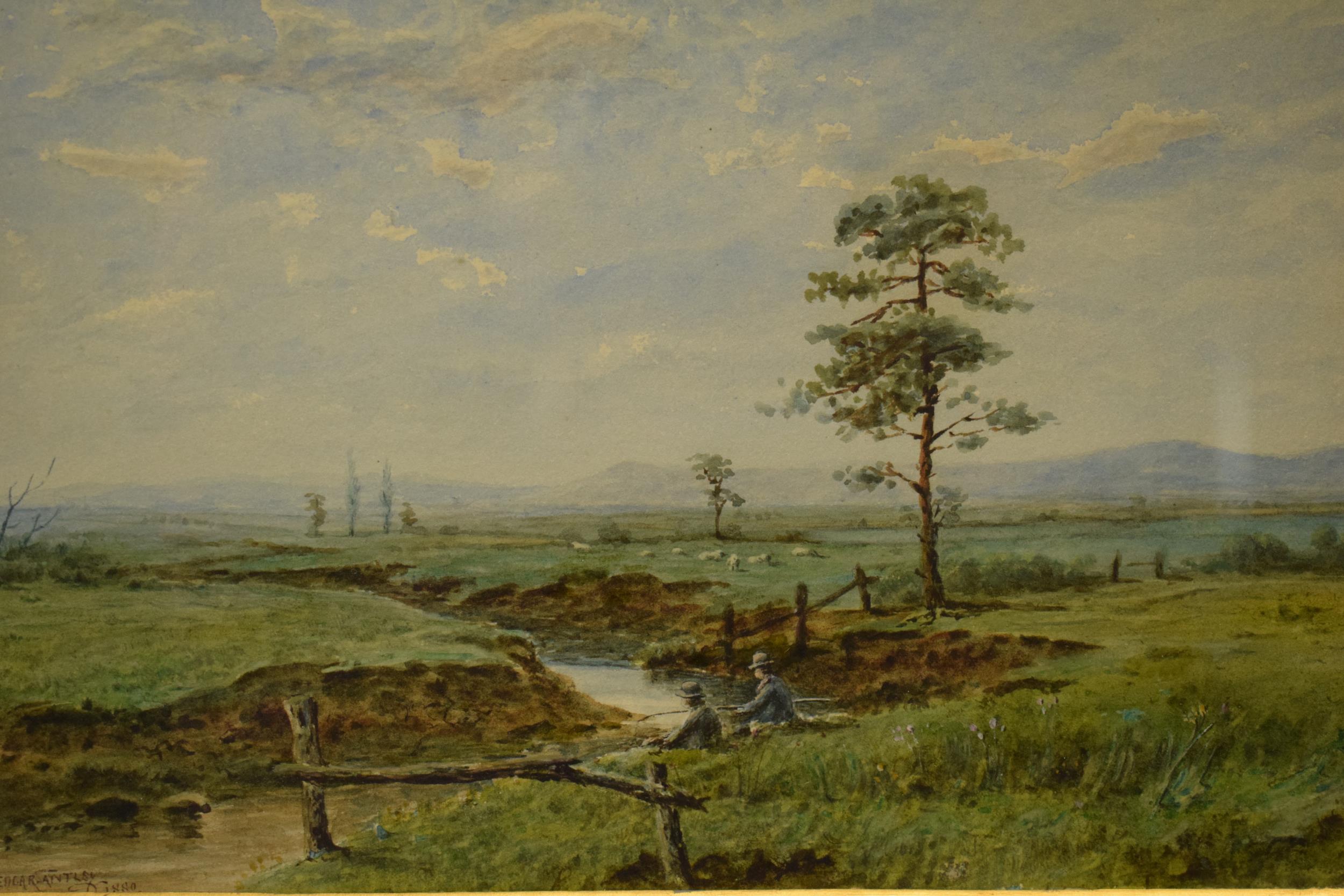 Edgar Santley: watercolour of a river landscape scene with fisherman, signed Edgar Santley 1880,