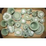 Wedgwood Jasperware in Sage Green: to include small bowl, vases, trinkets, candlesticks and