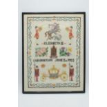 Framed mid 20th century tapestry 'Elizabeth II Coronation June 2nd 1953', 41 x 33 inc frame.