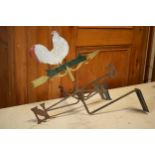 Vintage metal weather vane with side mount with a cockerel, 44cm wide.