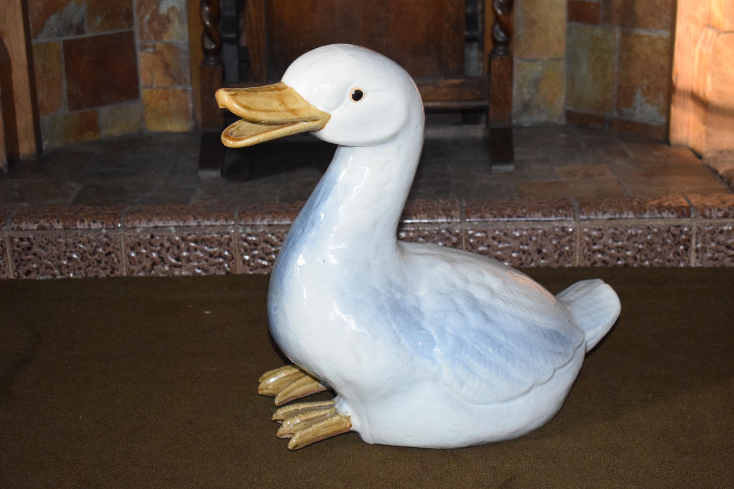 Early to mid 20th century large majolica figure of a goose, 43cm tall. In good condition, collection