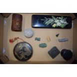A collection of oriental items to include lacquer box, soapstone item, jade-style figures, dragon