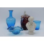 A collection of items to include a Hewitt Brothers Parian bust of Shakespeare, blue glass ware and a