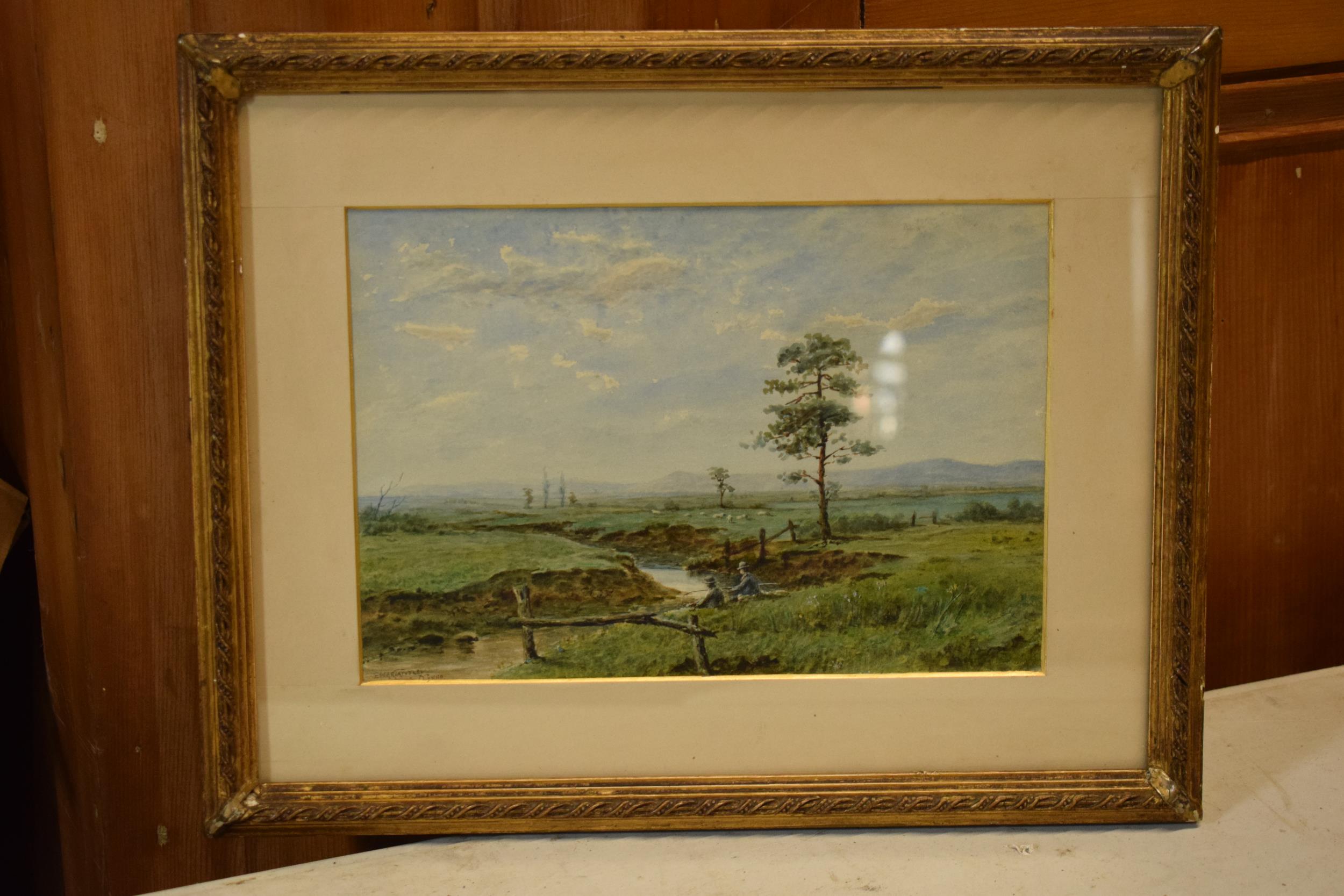 Edgar Santley: watercolour of a river landscape scene with fisherman, signed Edgar Santley 1880, - Image 2 of 4