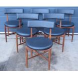 A set of six G-Plan 'Fresco' black vinyl and teak framed dining chairs, mostly with labels (6).