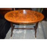 Victorian quarter-veneered burr walnut side table with inlaid decoration, turned pole stretcher,