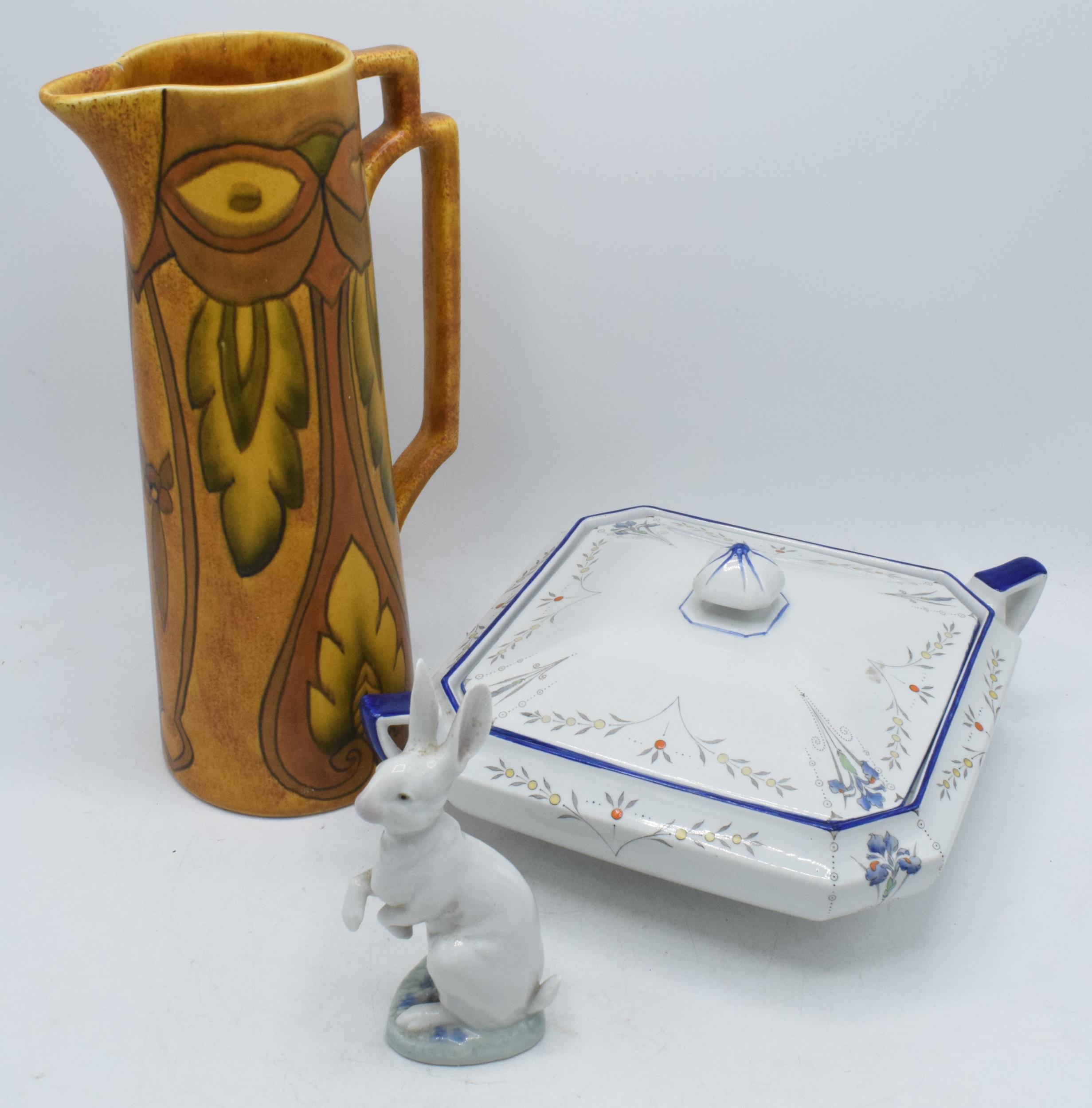 A trio of pottery items to include Shelley Art Deco tureen Blue Iris 11561, large stylish pitcher '