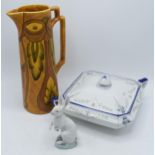 A trio of pottery items to include Shelley Art Deco tureen Blue Iris 11561, large stylish pitcher '
