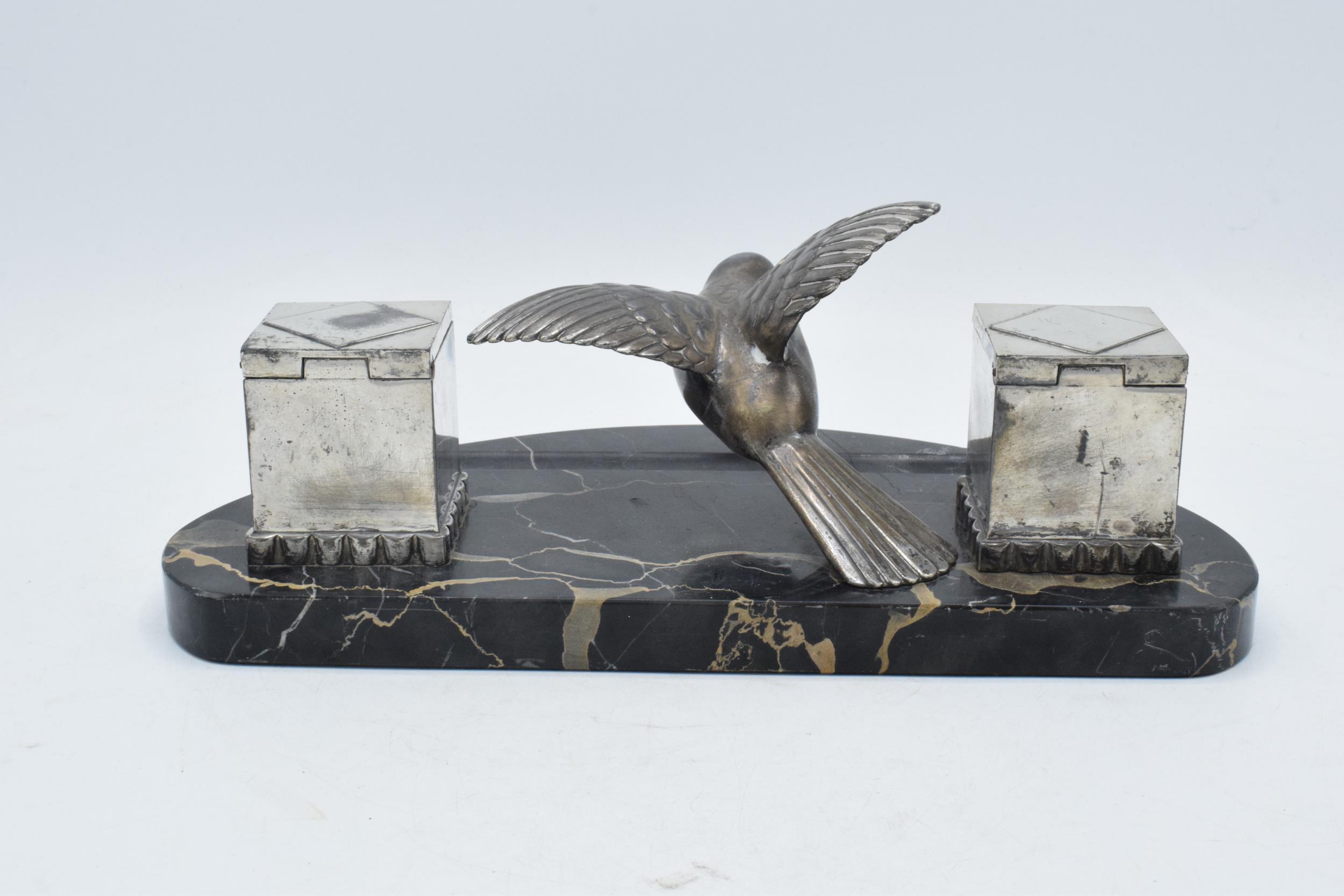French Art-Deco ink well with a flying bird on marble base, 30cm wide. - Image 6 of 6