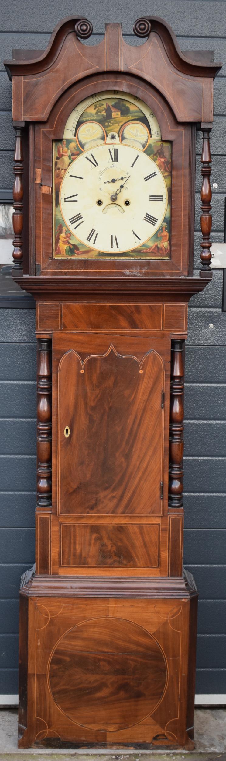 19th century mahogany longcase clock with arched rolling moon dial, with pendulum and weights, 222cm