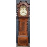 19th century mahogany longcase clock with arched rolling moon dial, with pendulum and weights, 222cm