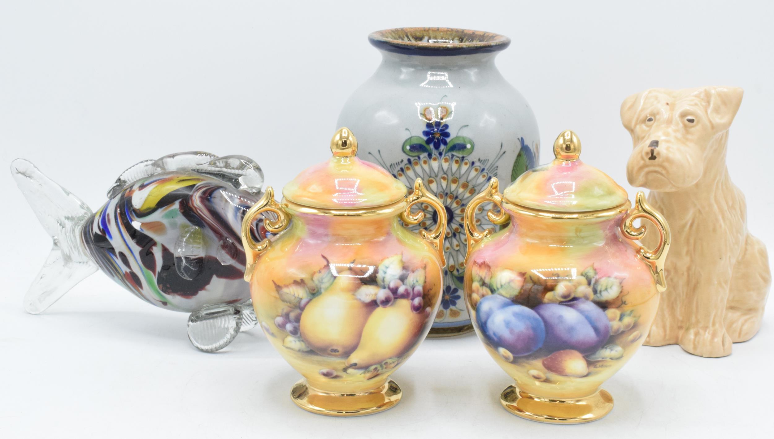 A collection of items to include a pair of Claytondale two-handled fruit scene vases, a Sylvac