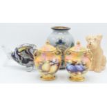 A collection of items to include a pair of Claytondale two-handled fruit scene vases, a Sylvac