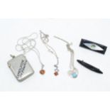 A trio of silver jewellery ambers with turquoise and faux amber pendants, Whitby Jet bar brooches