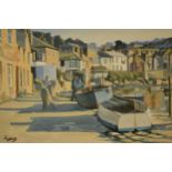 Geoffrey Huband (b.1945) oil on canvas of a coastal harbour view, framed, 29 x 39cm exc frame,