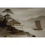 A pair of 20th century mahogany framed oriental pictures of ships sailing on water amongst mountains