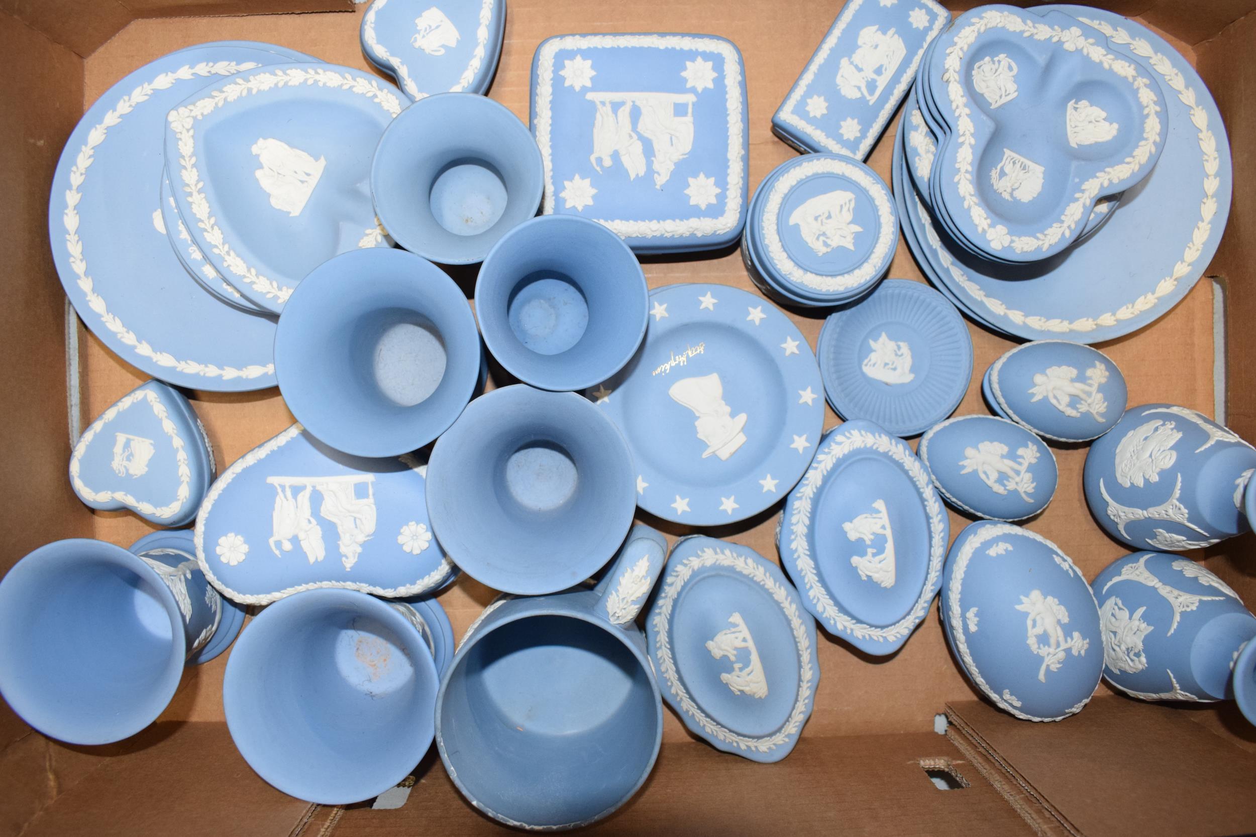 Wedgwood Jasperware in Blue: to include egg trinkets, plates, vases, a tankard and others (approx