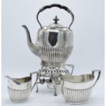Silver plated Walker and Hall spirit kettle with burner, milk and sugar (3).