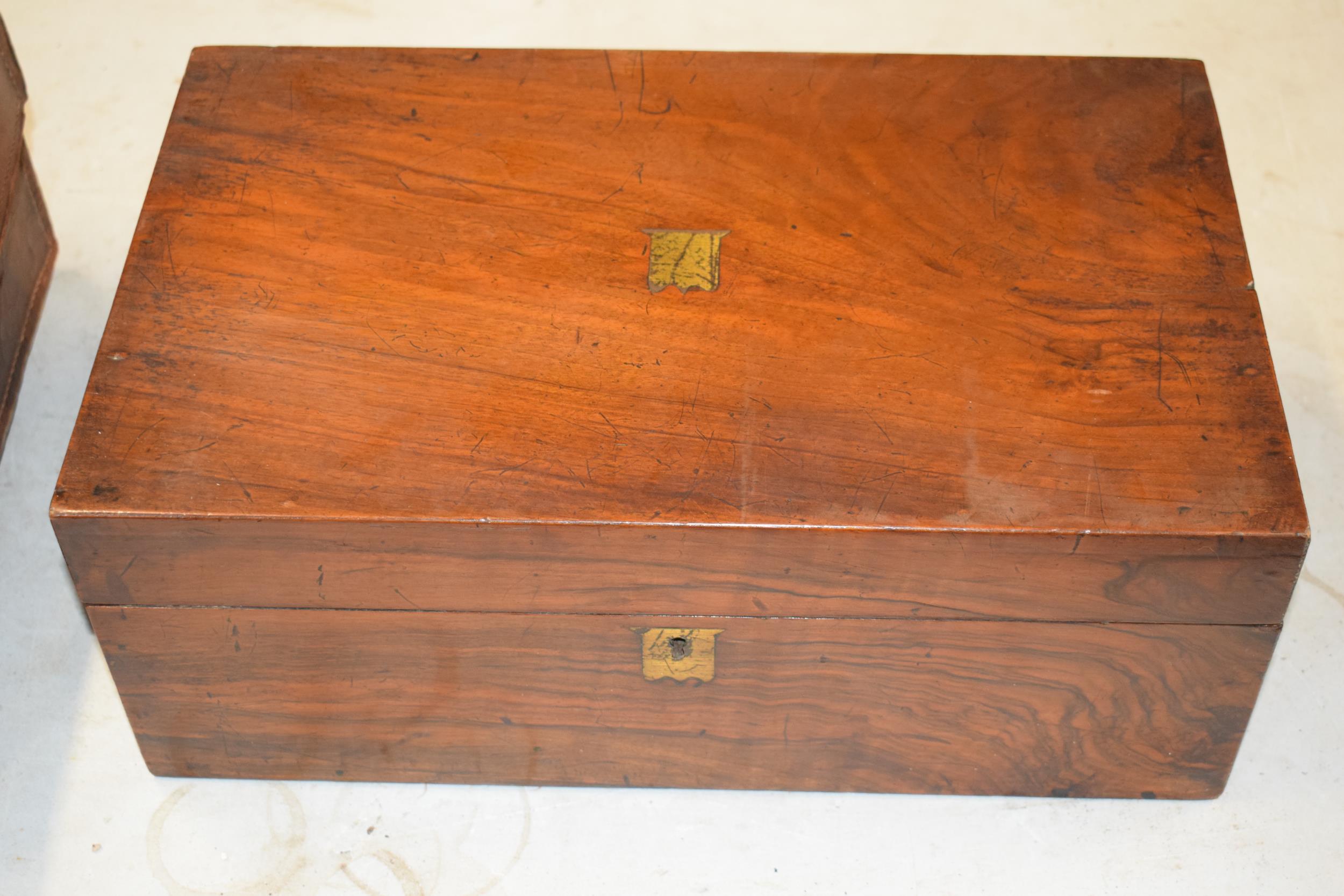 19th century mahogany writing slope (shell) with brass escutcheon together with vintage brown - Image 2 of 4