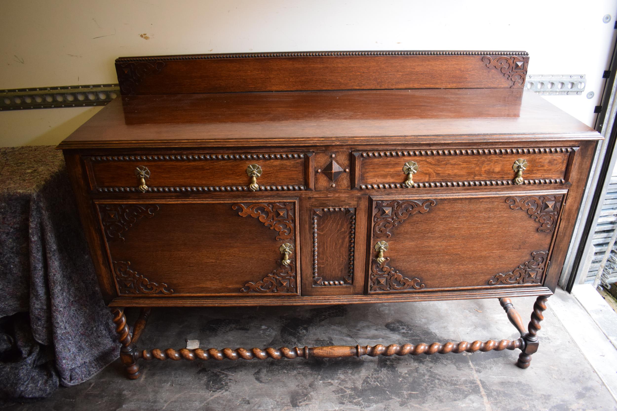 1930s oak sideboard with carved decoration with drawers and cupboards, 153x51x107cm tall. In good - Image 4 of 9