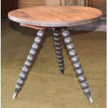 19th century tri-leg cricket table style item with bobbin turned legs, 57cm diameter, 53cm tall,