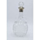 Victorian glass decanter with silver collar with three handles, Sheffield 1899, 23cm tall.