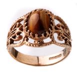 9ct gold ornate tiger's eye ring, 4.6 grams, size S.