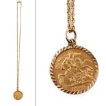 22ct gold half sovereign, 1906, in 9ct gold mount on 9ct gold chain with base metal clasp, 8.0 grams