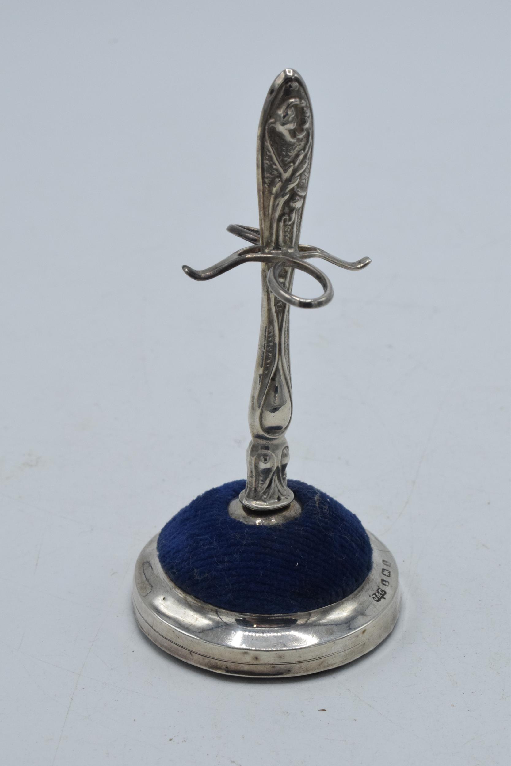 Silver ring tree and hatpin stand with velvet cushion, Birmingham 1908, J & C, 9.5cm tall.