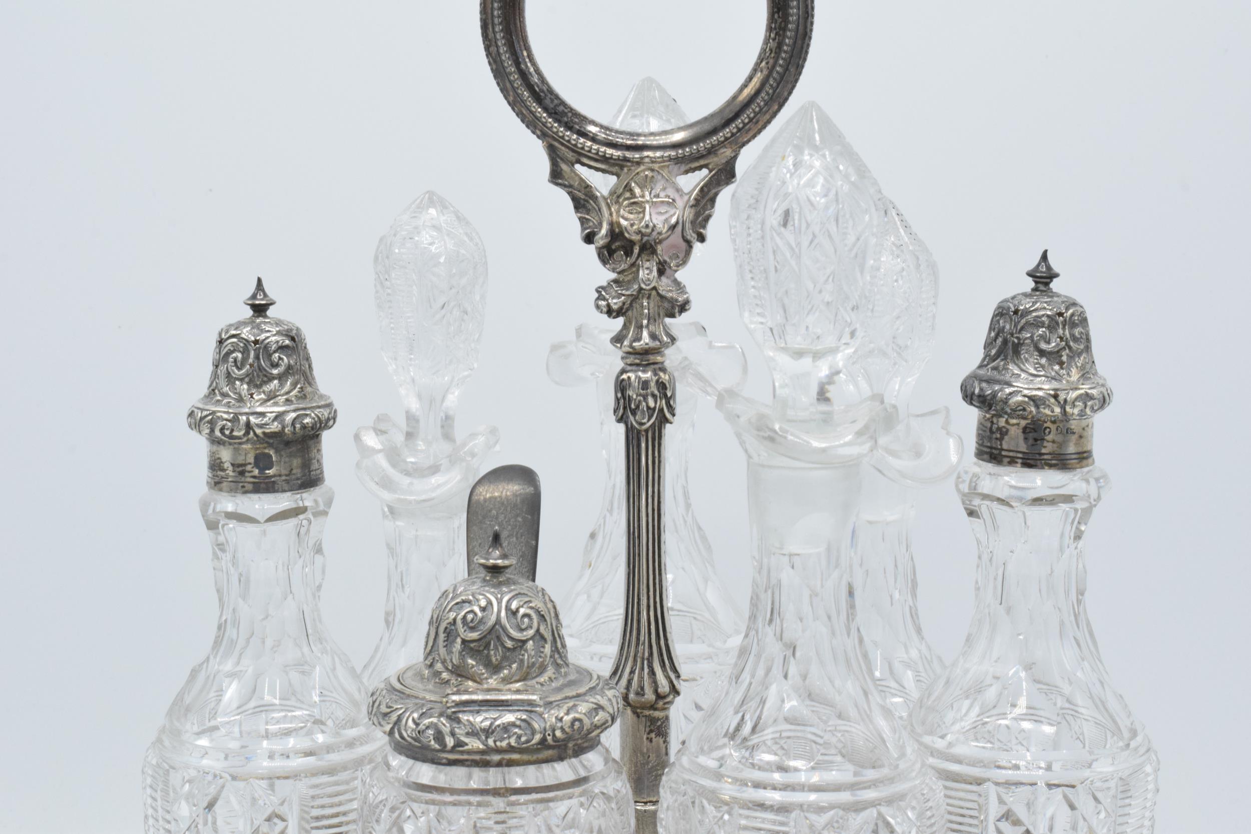 Hallmarked solid silver condiment tray with glass bottles and decanters, Sheffield 1879, makers mark - Image 6 of 12