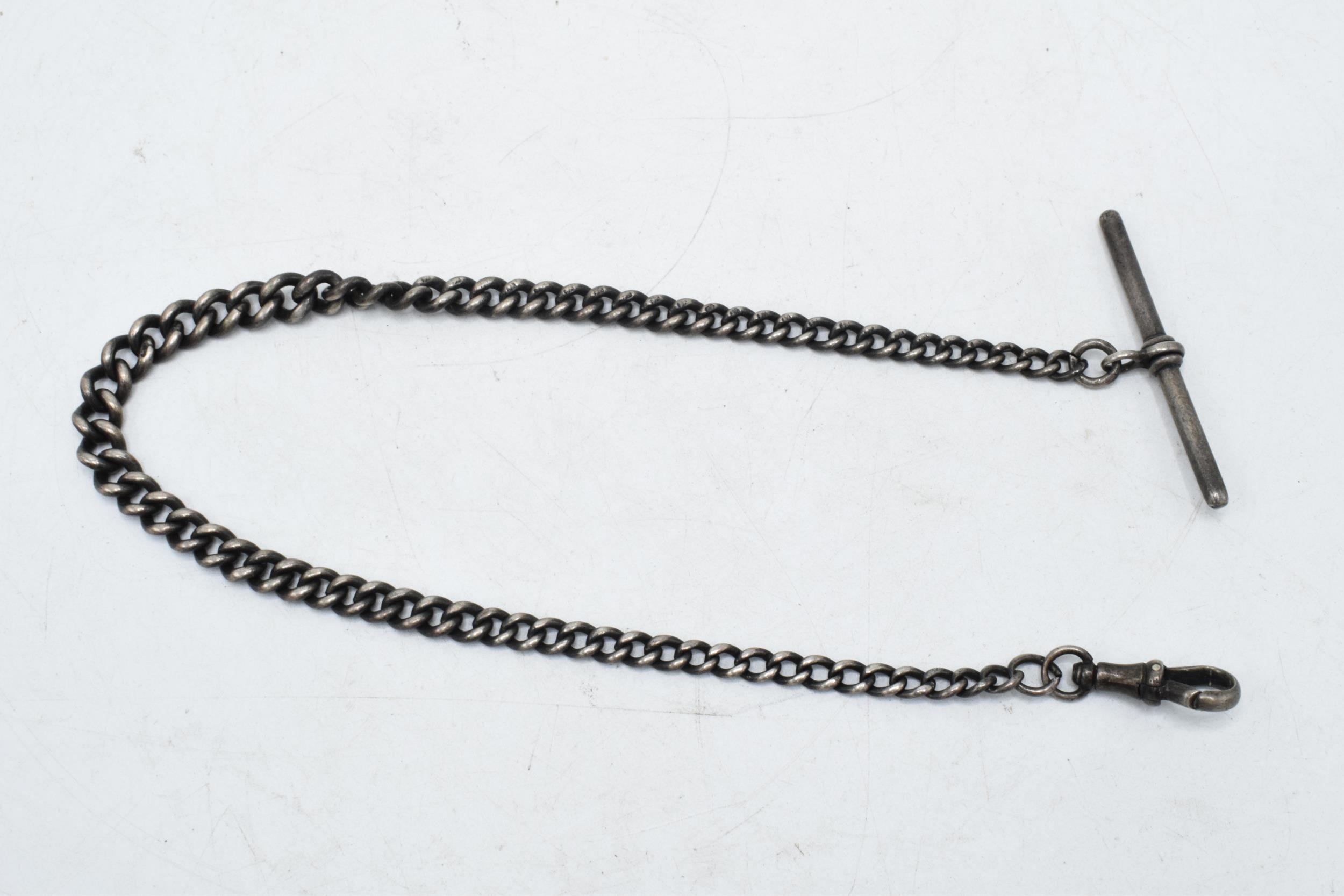 Hallmarked silver Albert chain with silver T-bar, 26.8 grams, 32cm long. - Image 2 of 3