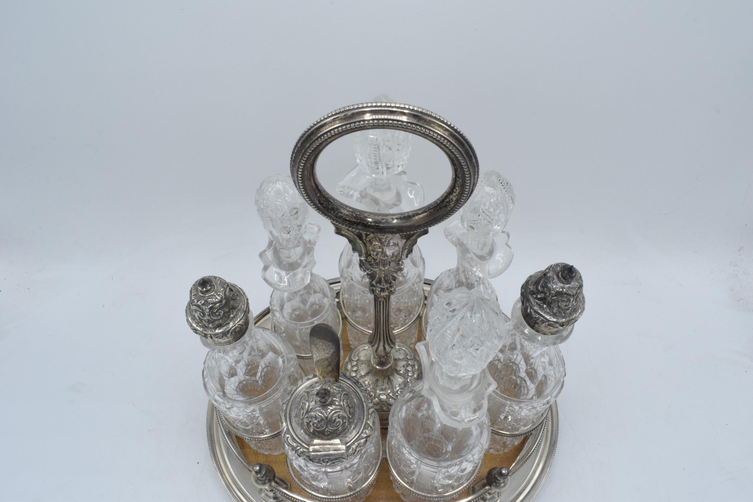 Hallmarked solid silver condiment tray with glass bottles and decanters, Sheffield 1879, makers mark - Image 8 of 12