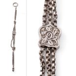 Silver Albertina watch chain with engraved slider, unmarked, 25cm long. No hallmarks.