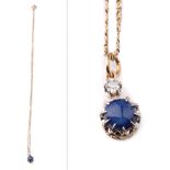 18ct gold chain and pendant set with a sapphire and a diamond, 2.9 grams, chain 42cm long.