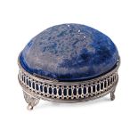 Silver plated jewellery casket with velvet pin cushion to the top, 10cm diameter.