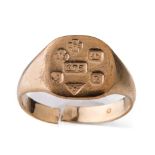 9ct gold signet ring with hallmarks to face, 4.6 grams, split to band.