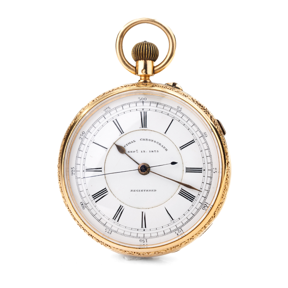 Victorian 18ct gold open-face Decimal Chronograph, white enamal dial with Roman Numerals, outer