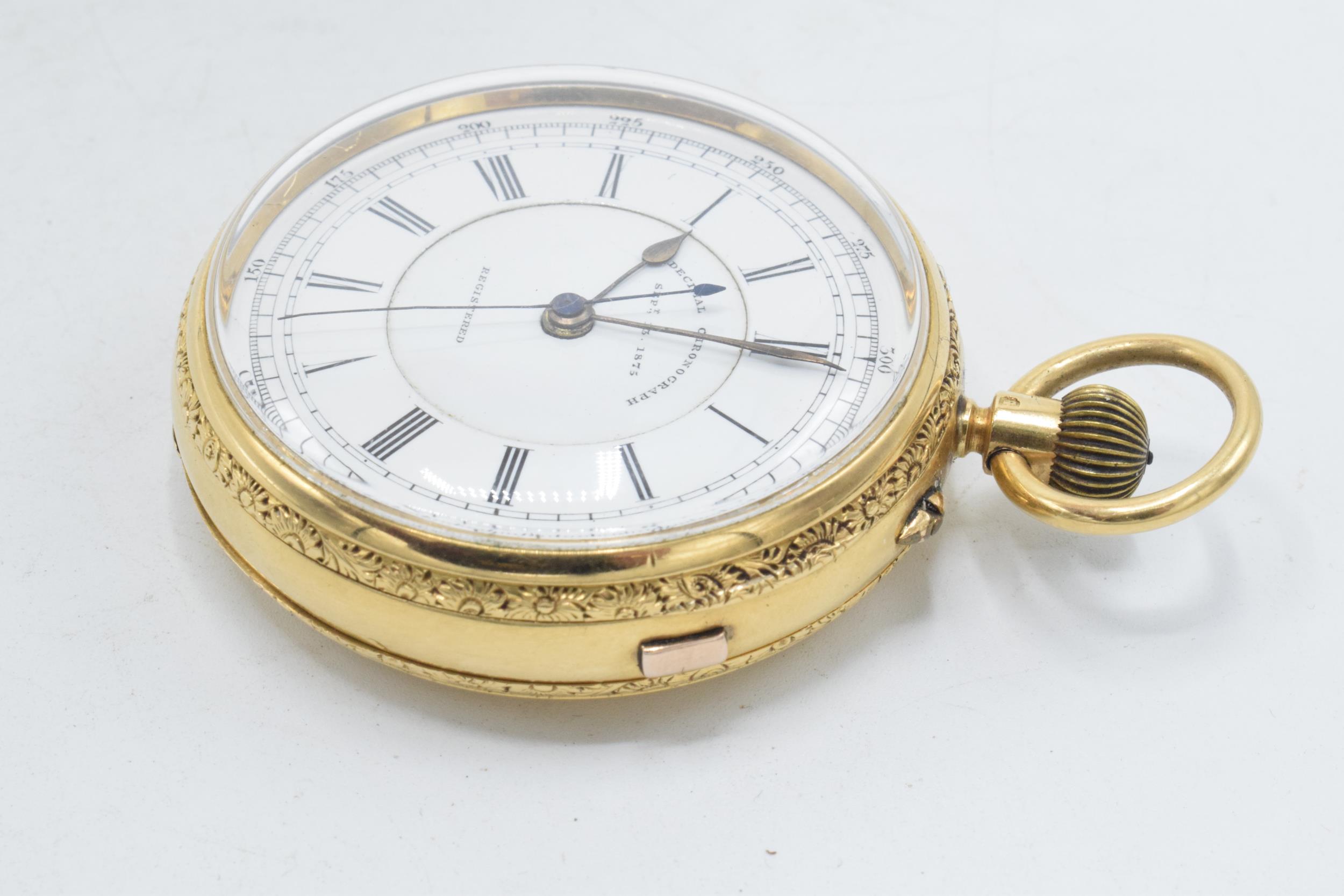 Victorian 18ct gold open-face Decimal Chronograph, white enamal dial with Roman Numerals, outer - Image 12 of 21