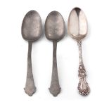 A pair of antique pewter serving spoons together with a silver plated example (3).