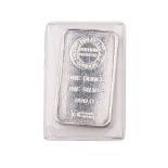 Fine silver 999 one ounce bullion bar, 4.5cm long.