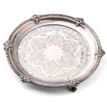 Silver salver raised on 3 ball and claw feet with engraved decoration, Sheffield 1896, 159.0