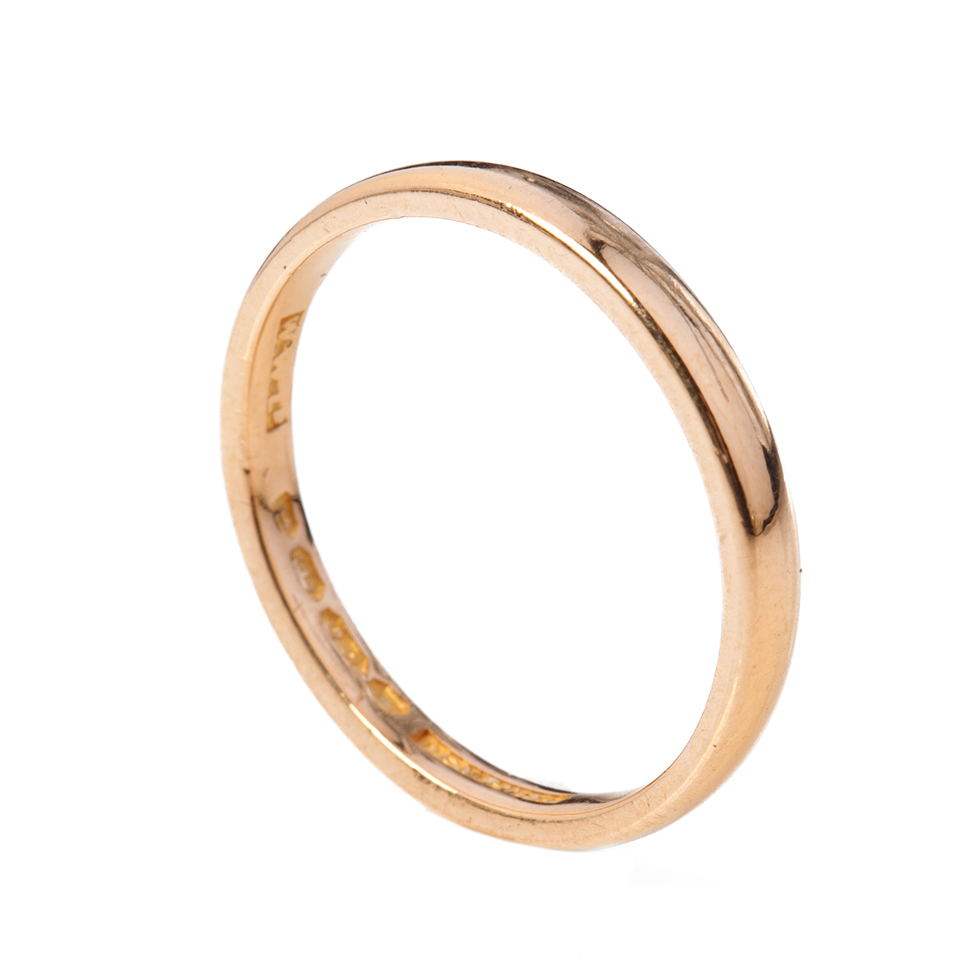 22ct gold wedding band, 2.9 grams, size L, 2.2mm, London 'CENTURY'.