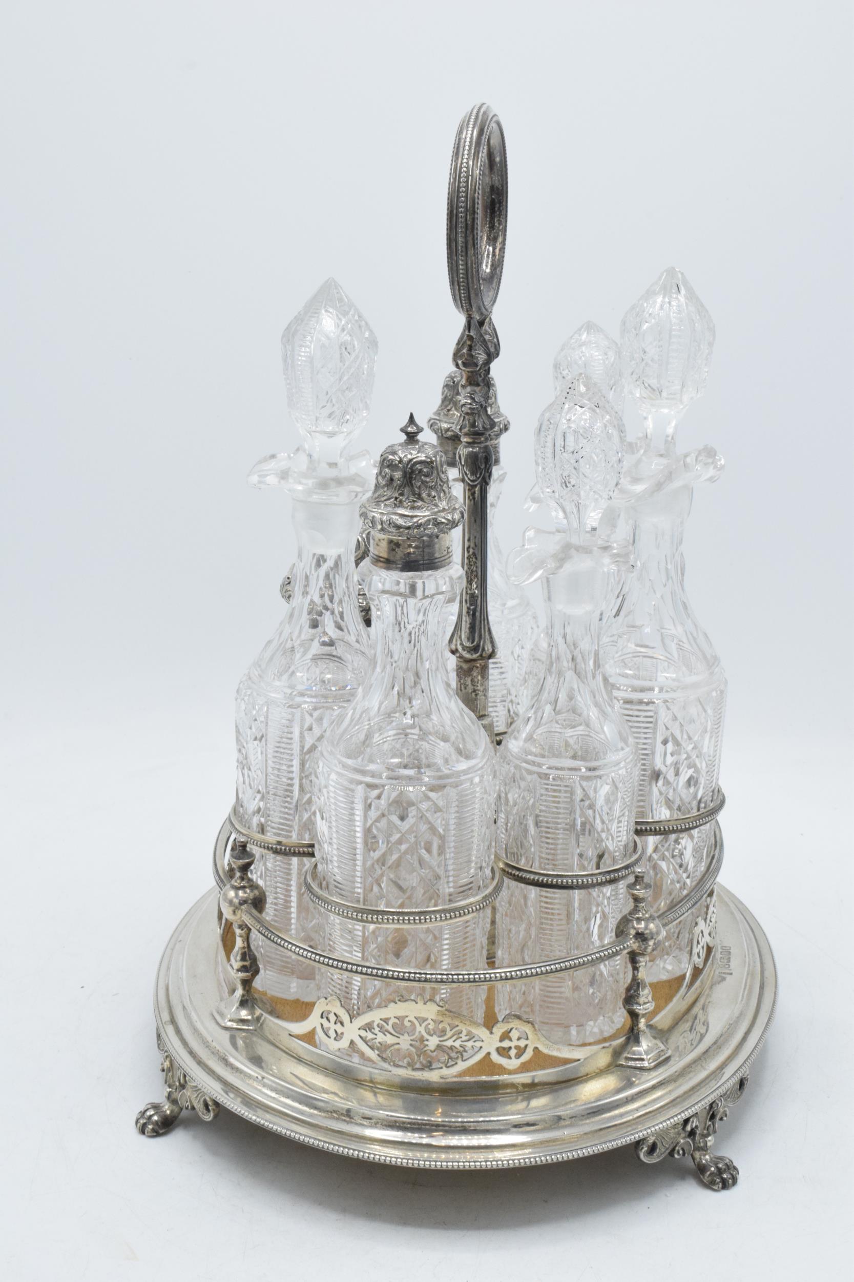 Hallmarked solid silver condiment tray with glass bottles and decanters, Sheffield 1879, makers mark - Image 11 of 12
