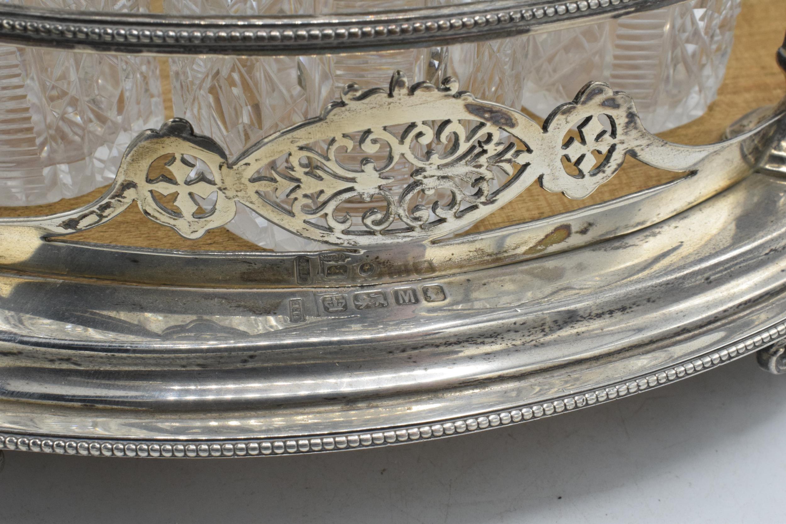 Hallmarked solid silver condiment tray with glass bottles and decanters, Sheffield 1879, makers mark - Image 12 of 12