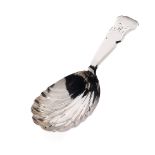 George III silver caddy spoon with shell bowl with shaped handle, Thomas Robinson II & S Harding,