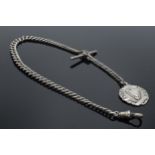 Hallmarked silver Albert watch chain with T-bar and fob, 36.8 grams, 39cm long.