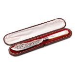 Victorian cased silver and Mother of Pearl ornate knife, Birmingham 1852, 23cm long.